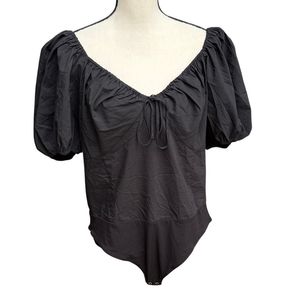 Express Black Puff Sleeve Bodysuit XL Square Neck Gathered Snatched Office Core